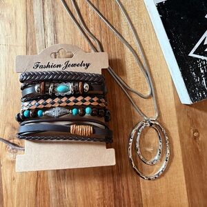 Boho Western Turquoise Bracelet Five Stack & Silver Necklace Set